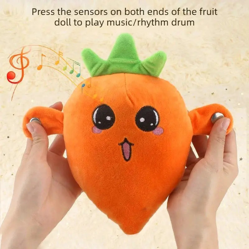 Orange fruit plush toy with kawaii face and green leafy crown, sensory music toy for kids