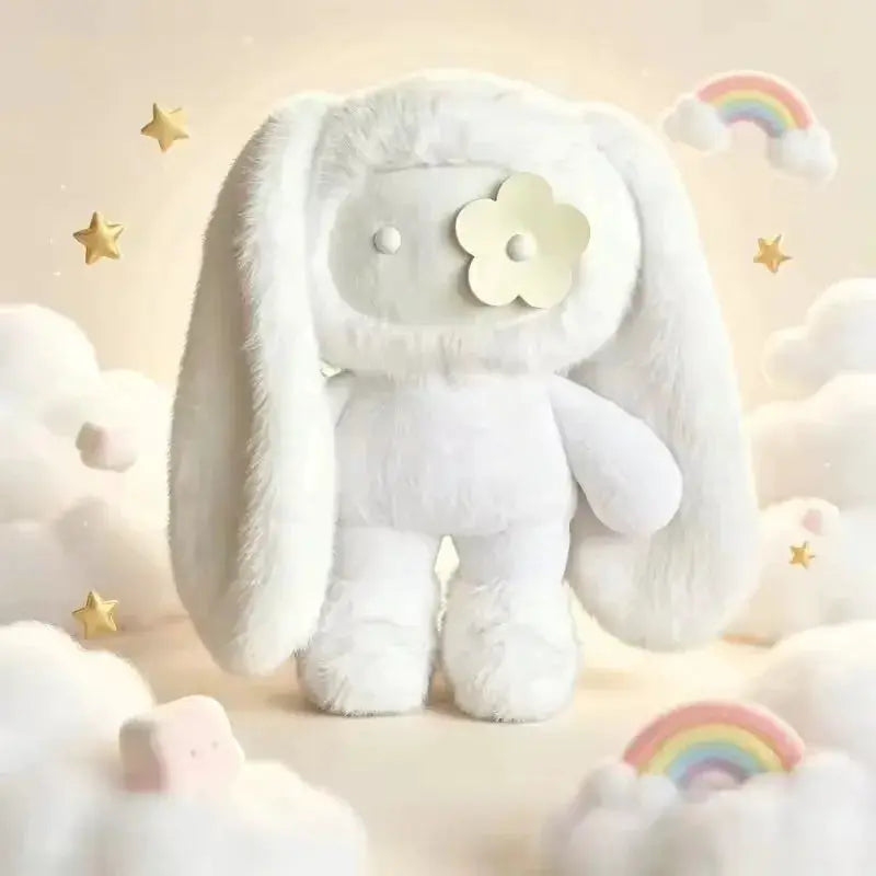 Cute Juju Rabbit Plush Keychain, white fluffy bunny with a flower on its face