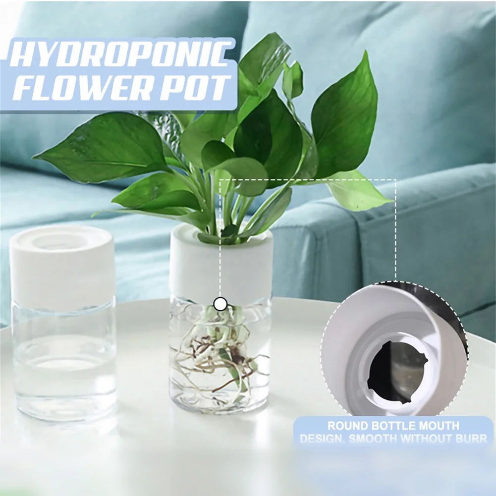 Mini hydroponic flower pot, transparent imitation glass planter with green plant and visible roots and white cap