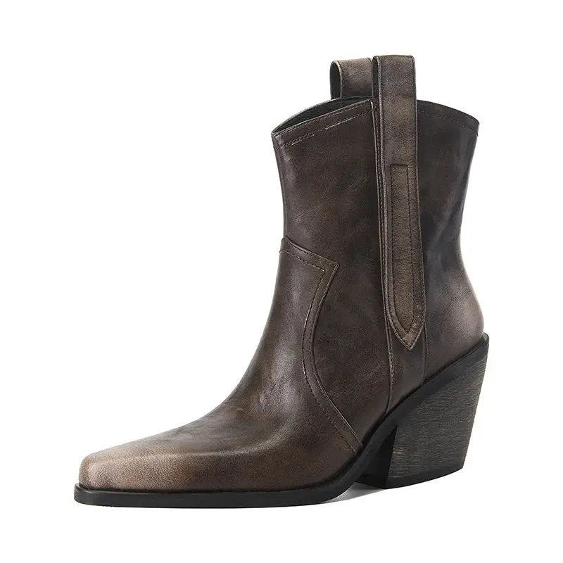 Premium Leather Western Ankle Boots in brown with a sleek pointed toe and chunky stacked heel