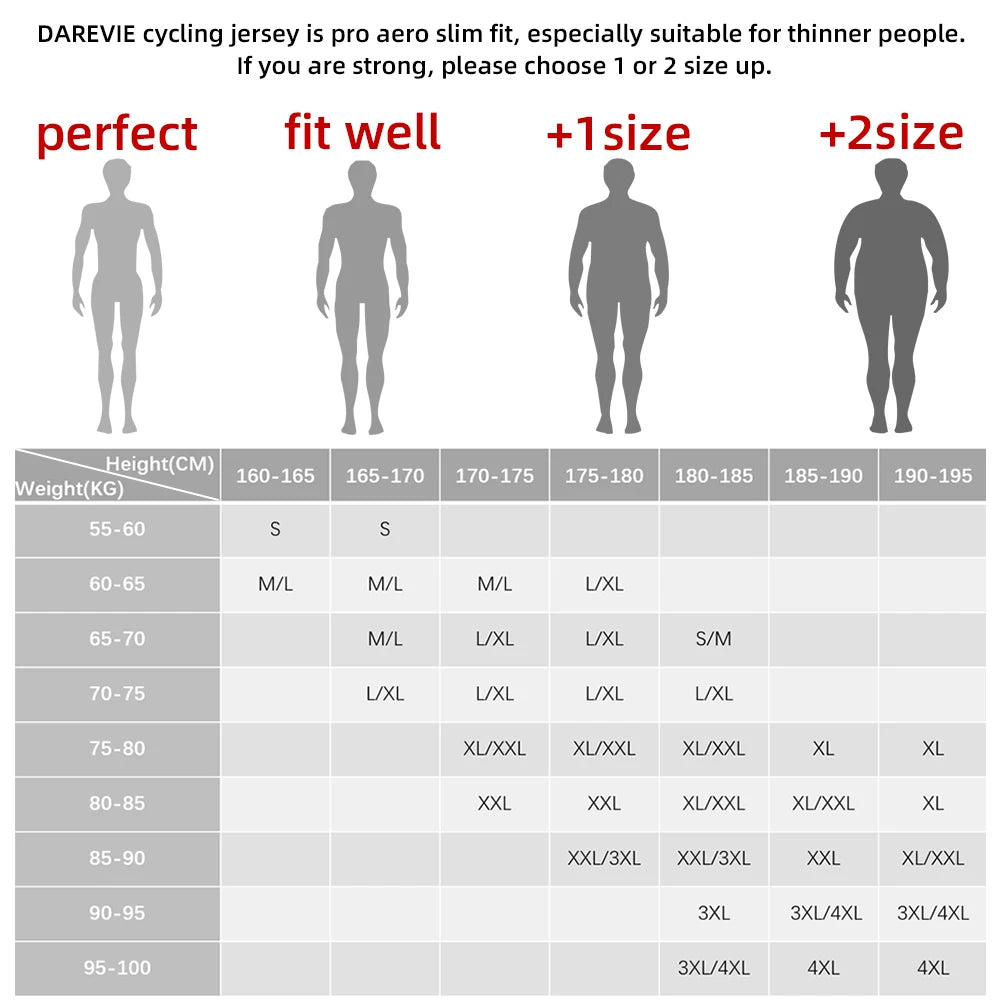 DAREVIE Long Sleeve Cycling Jersey sizing chart with four fit options and size grid