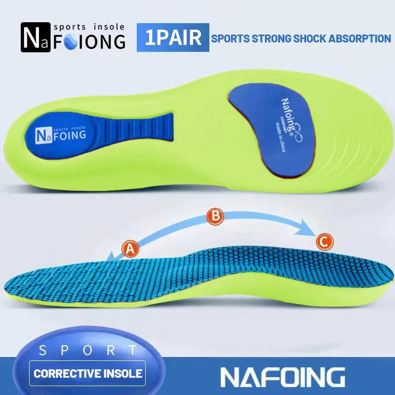 Orthopedic sport insoles 1 pair by NaFoing; neon lime sole with blue arch-support pads for shock absorption