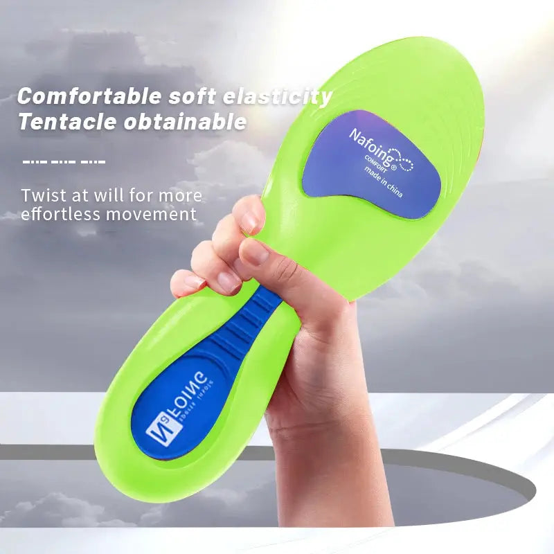 Orthopedic shoe insoles in neon green with blue arch-support pads from PrimeCanada.Store