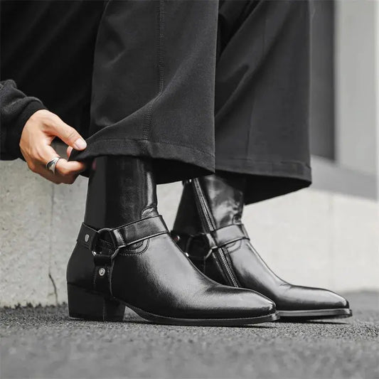 WestLine Premium Black Slip-On Western Chelsea Boots with side zipper and ankle strap buckle, PrimeCanada.Store