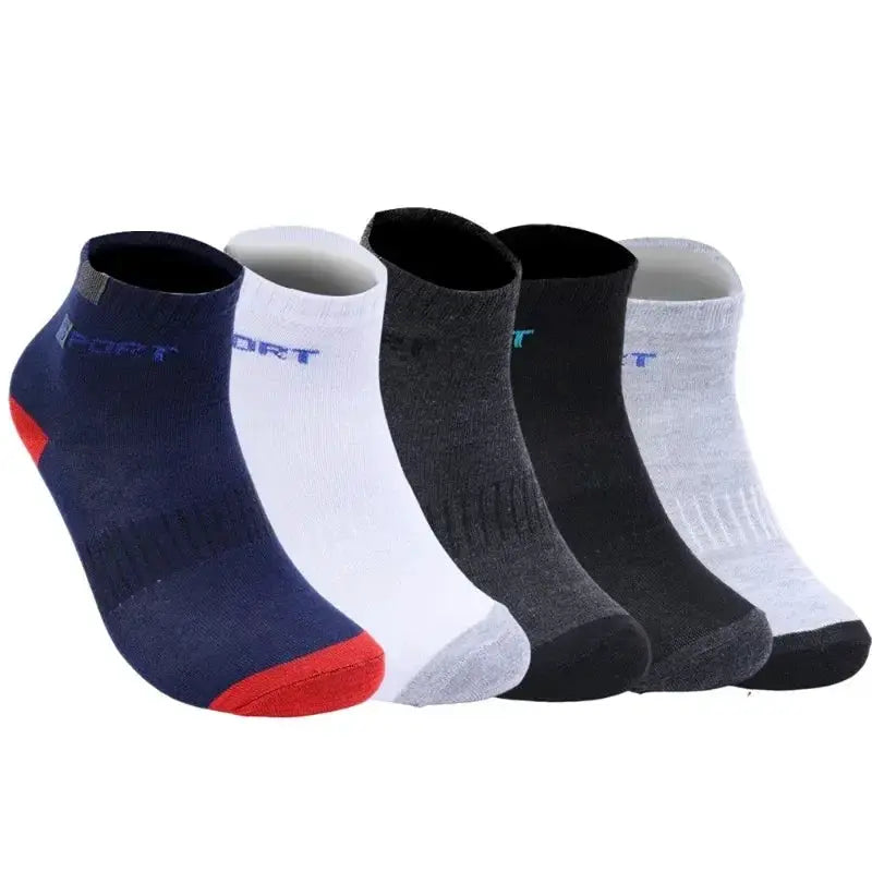 Men's cotton sport socks, 5-pair set in navy, white, charcoal gray, black and light gray; breathable ankle-length athletic socks
