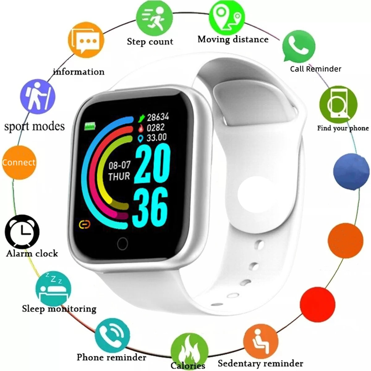 Smart Watch Fitness Tracker, white silicone strap, PrimeCanada.Store