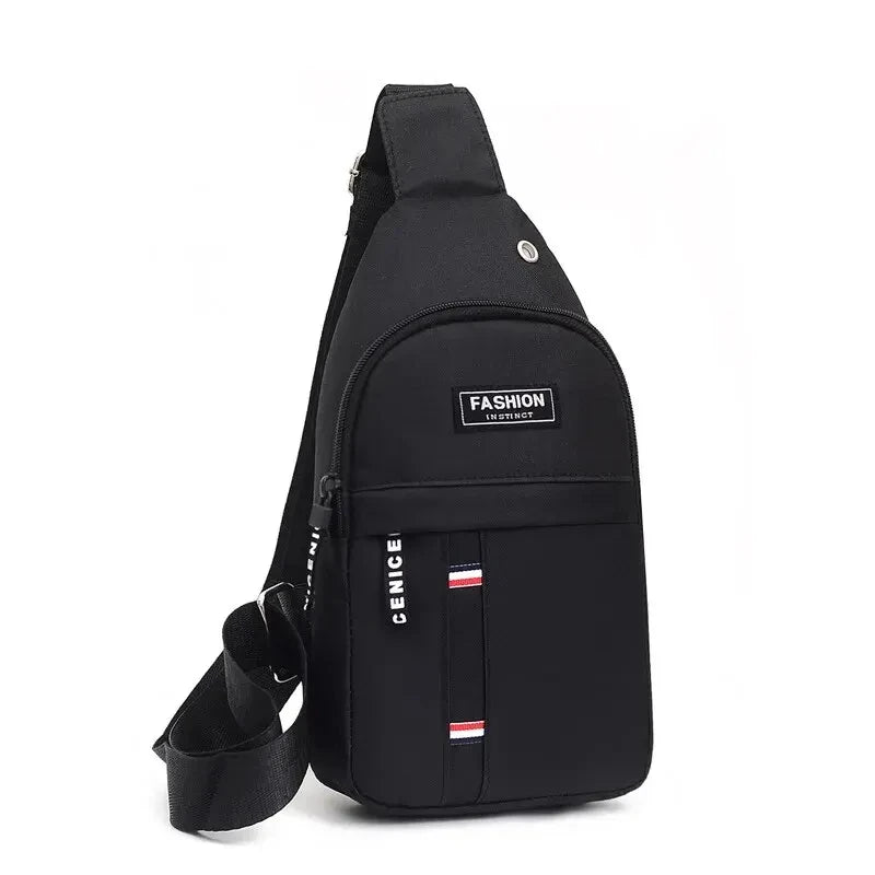 Men's waterproof large-capacity fanny pack; black with adjustable strap and front fashion patch.