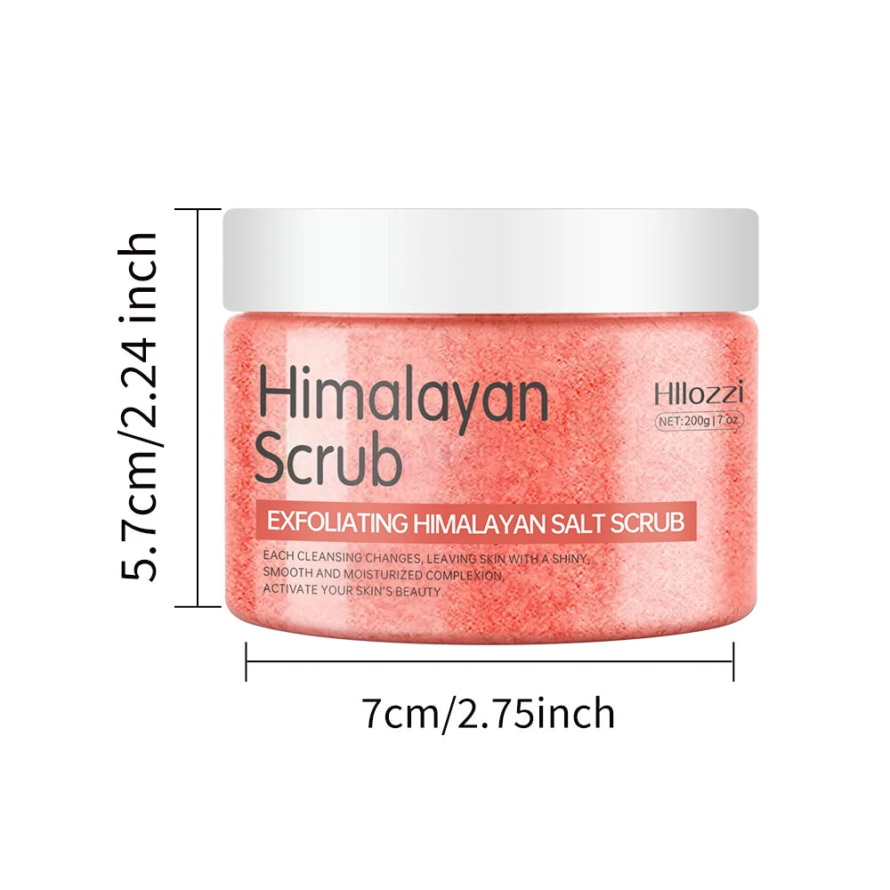Himalayan Salt Scrub jar; pink exfoliating body scrub with a white lid, net weight 200g (7oz), body care