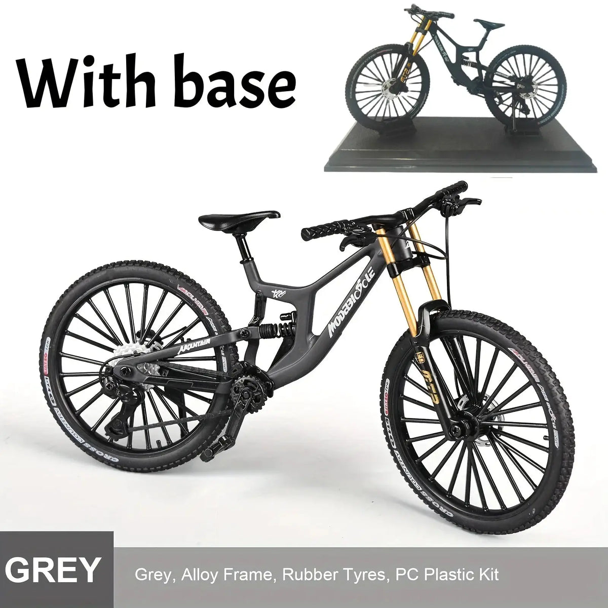 Two 1:8 scale European alloy mountain bike models with dual suspension on display base