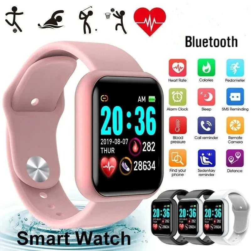 Smart Watch pink silicone strap Bluetooth fitness watch with sleep monitor; shown in 4 color variants.