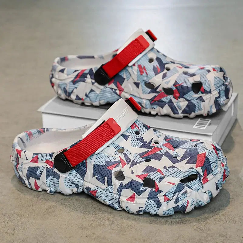 AuraFit men's camo-printed clogs slippers pair with red strap