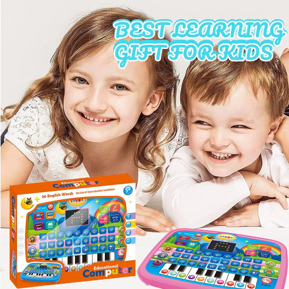 Kids educational tablet toy with keyboard, pink handheld device and colorful box; ages 3+, literacy, math and music learning