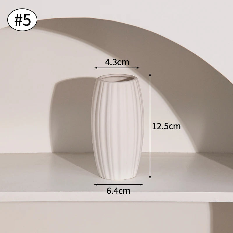 Ceramic flower vase, white ribbed finish, 12.5 cm tall with 4.3 cm opening and 6.4 cm base for dried arrangements.