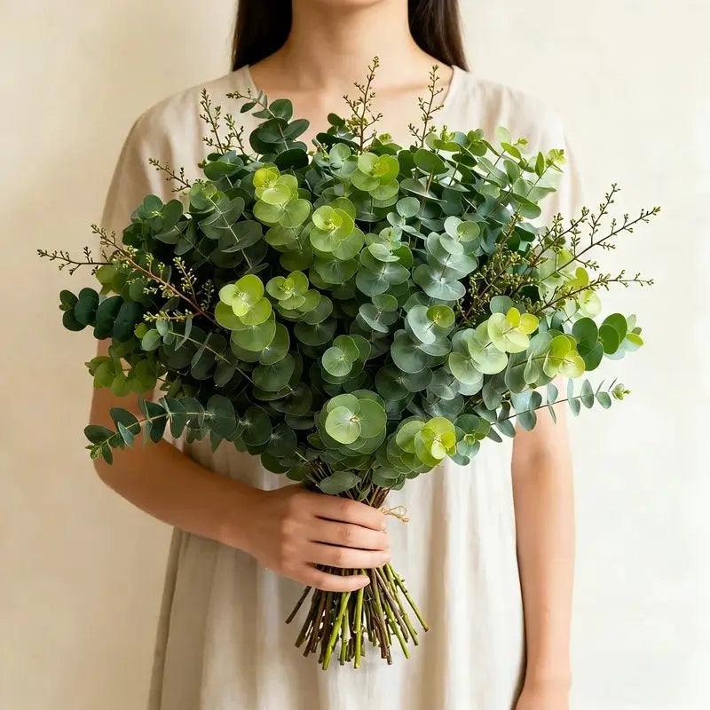 Artificial eucalyptus bouquet, 26 green round leaves, hand-tied for home decor and arrangements.
