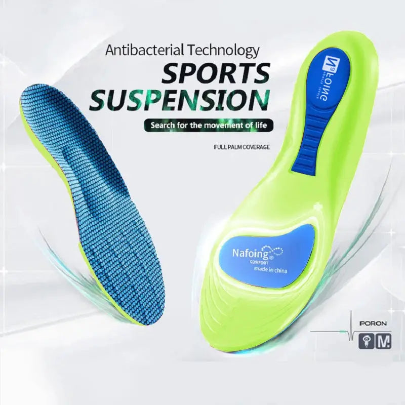 Orthopedic insole lime green shoe insert with blue arch-support pad and blue textured underside