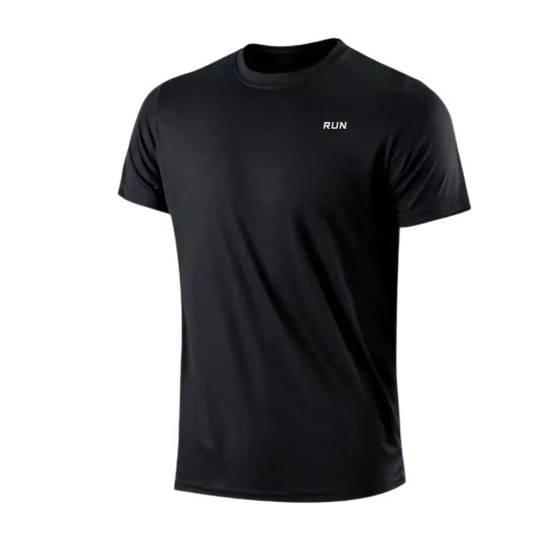 Moisture-wicking men's gym shirt, black with RUN text, PrimeCanada.Store