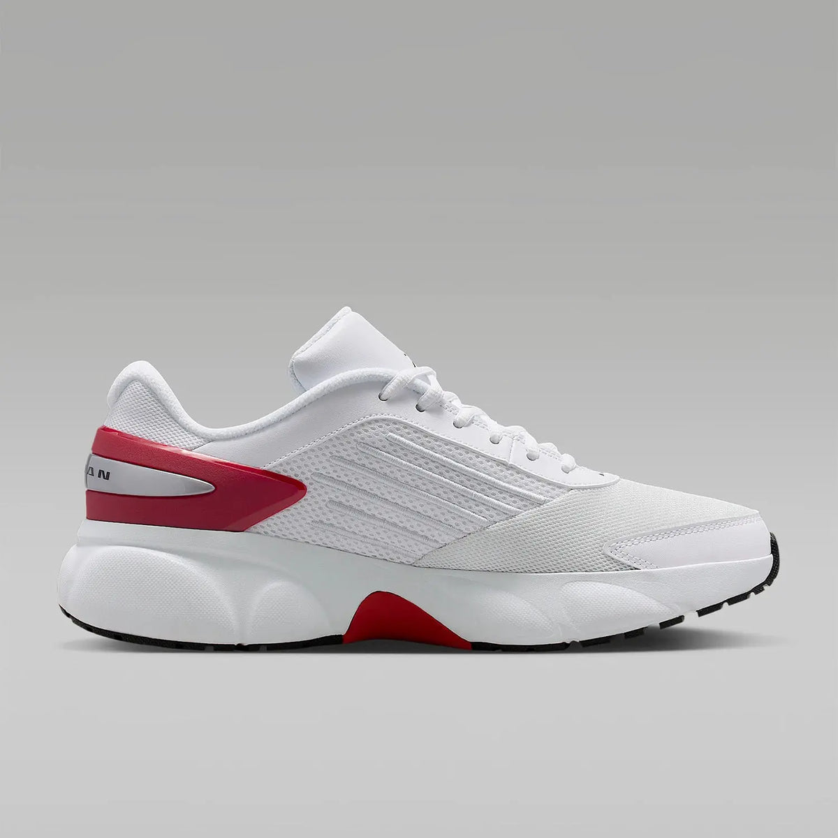 Jordan men's low-top cushioned casual sneakers, white upper with red heel counter