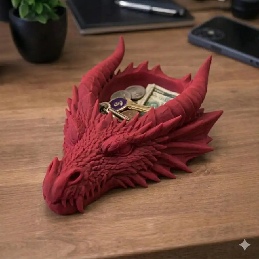 Dragon head jewelry tray, red Gothic 3D desktop decor for coins, keys and small items