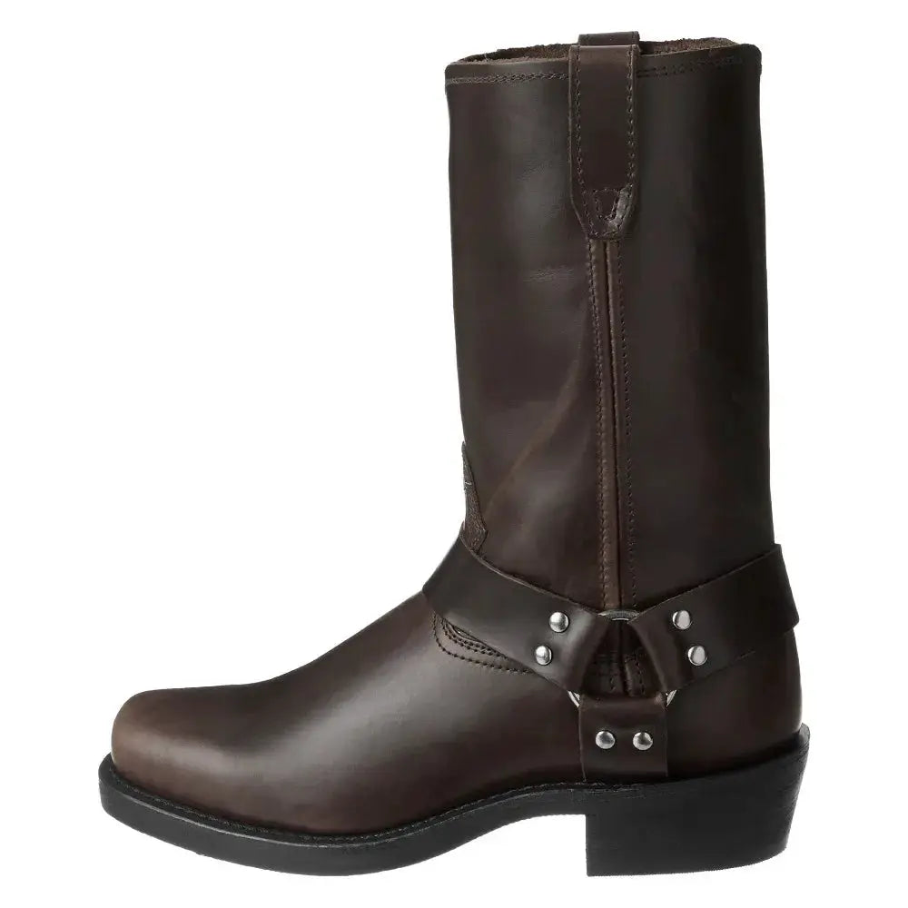 Brown leather cowboy boots with tall shaft, strap detail and metal studs, lightweight handmade design
