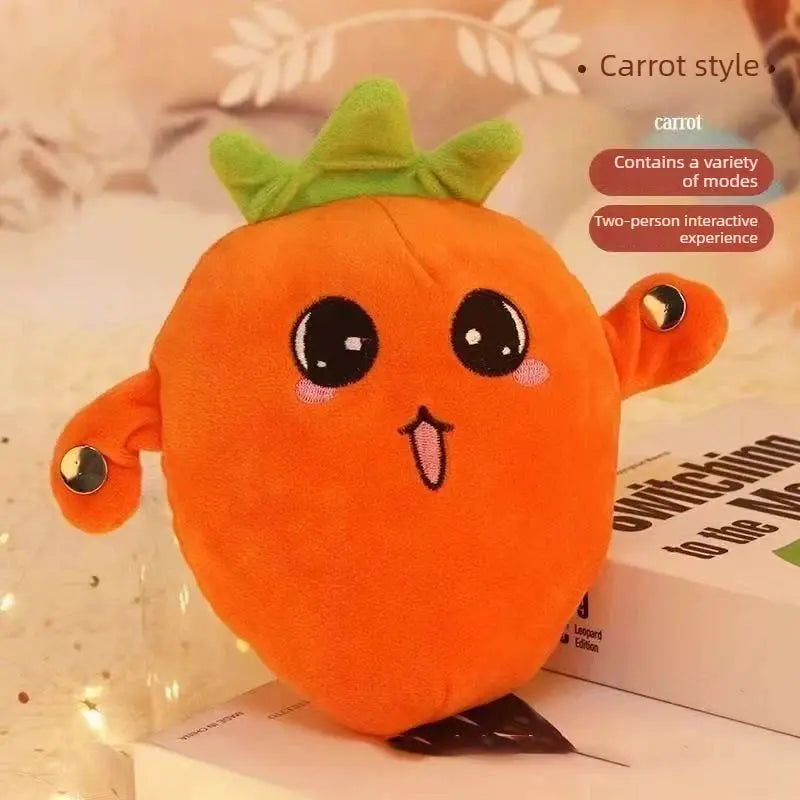 Carrot-shaped plush toy, orange with green leafy top and cute kawaii face for kids