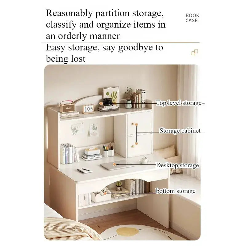 Home desk bookcase in white with integrated desktop and storage cabinet, PrimeCanada.Store