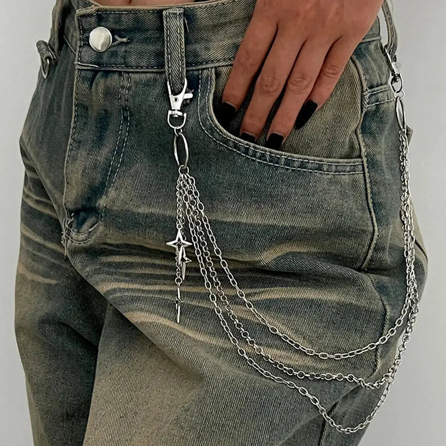 Multi Layer Star Charm Metal Waist Chain; silver-tone belt-loop hip jewelry for punk style