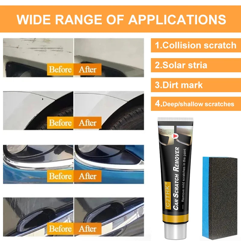 Car scratch remover kit PrimeCanada.Store with sponge; before/after results on car surfaces