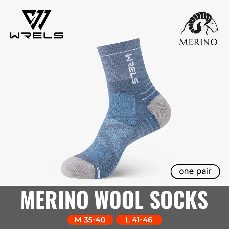 WRELS merino wool socks, blue thermal hiking socks with gray heel and toe, one pair