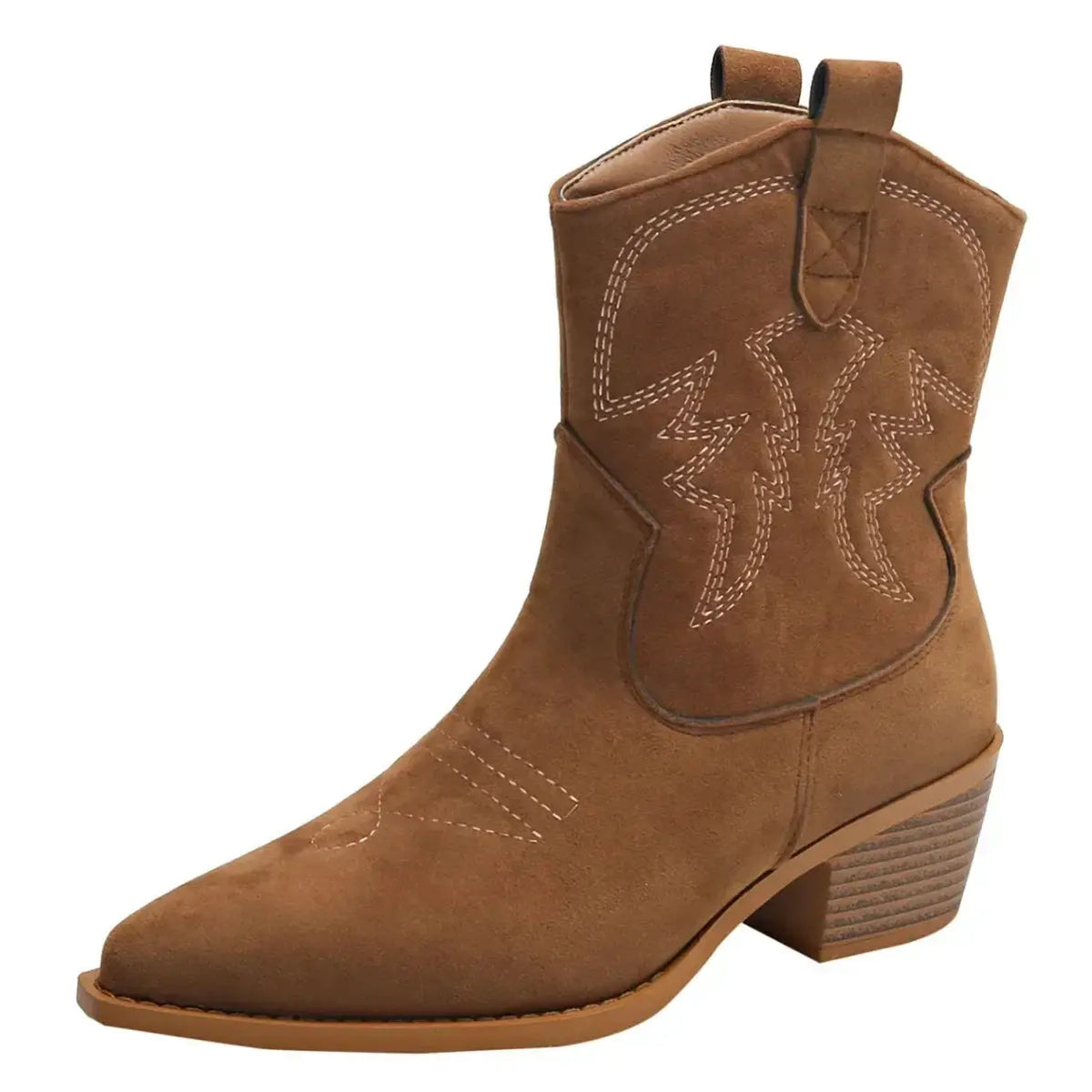 New women's Western-style ankle boots in brown suede with stitched Western yoke and stacked heel