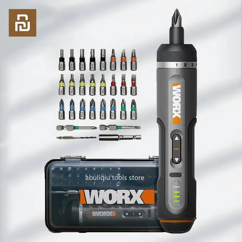 WORX WX242 mini cordless screwdriver in grey and orange with a 30-piece bit set and carrying case
