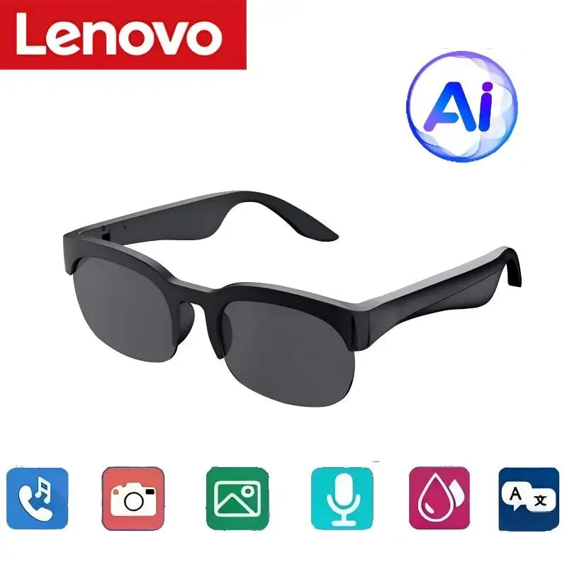 Lenovo AI Smart Audio Sunglasses with Bluetooth Voice Control, black frame