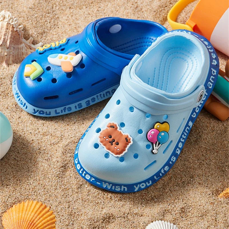 Kids Cartoon Summer Sandals; blue and light-blue clog-style sandals with cartoon decorations (2 pairs)