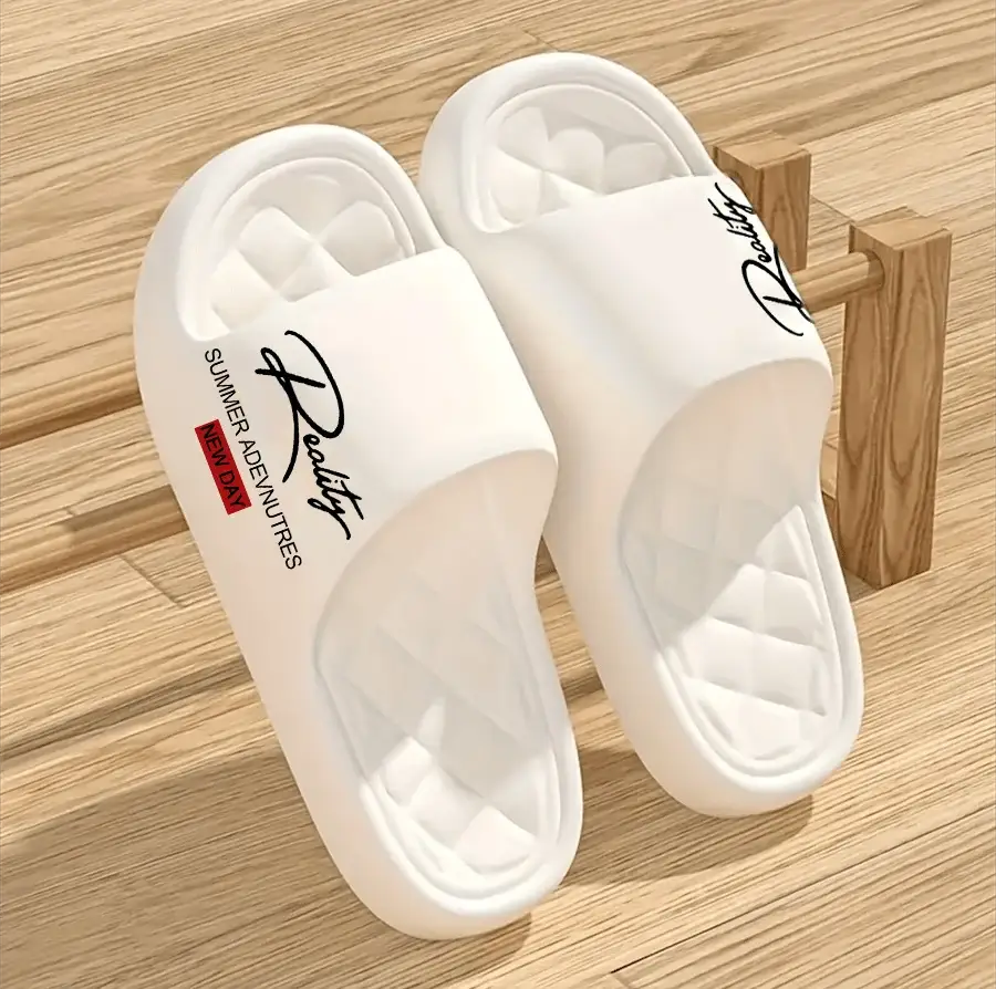 Men's white EVA slides, lightweight indoor/outdoor footwear, PrimeCanada.Store logo, 2 shown.