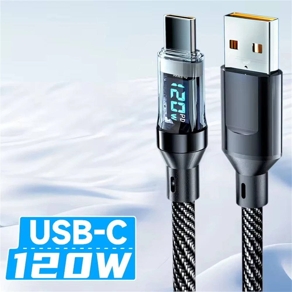 NNBILI dual USB-C and USB-A charging cables with LED display; braided black nylon, 2-pack