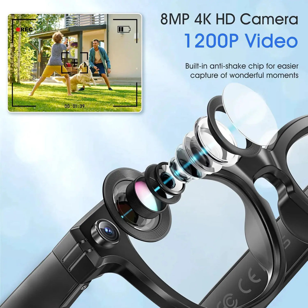 Real Time AI Translation Glasses, black frame with built-in 8MP camera for 4K/1200P video