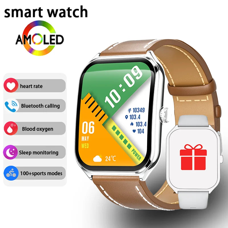 Ultra Thin AMOLED Smartwatch with brown leather strap and fitness tracking; two devices shown