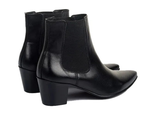 Pair of men's black leather Chelsea ankle boots with pointed toe, elastic side panels and chunky block heel.