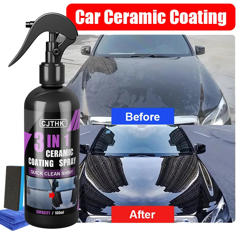 Car ceramic coating spray CJTHK 3-in-1; blue cloth and sponge shown, before/after glossy car finish.