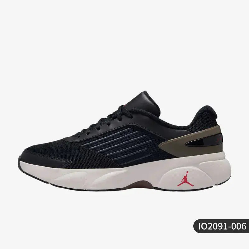 Jordan men's low-top sneakers, black upper with brown heel accent and white midsole, red Jumpman logo.
