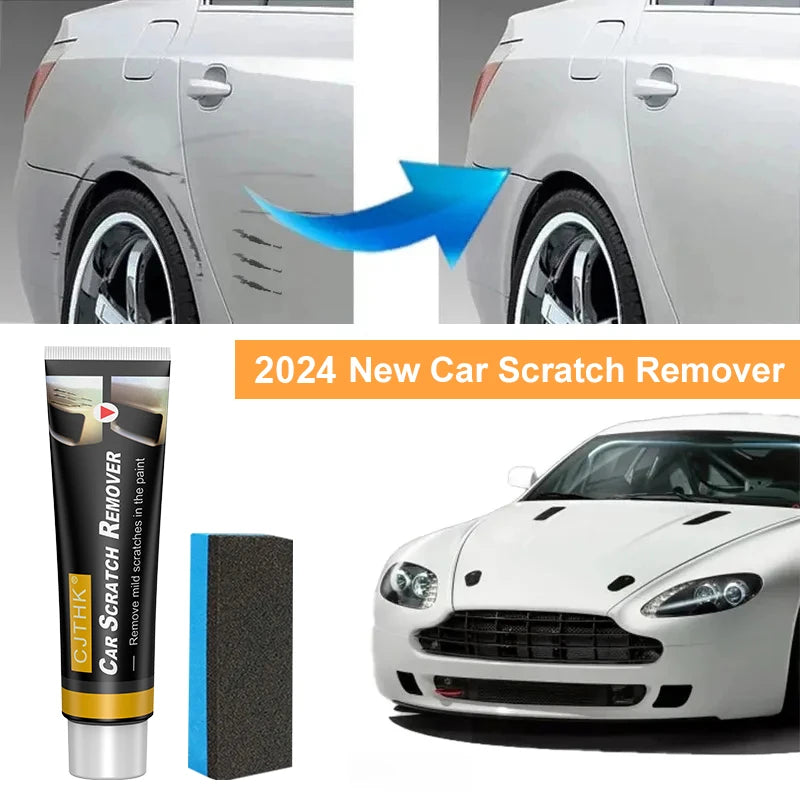 Car Scratch Remover kit with tube and blue-edged foam pad, shown with a white car