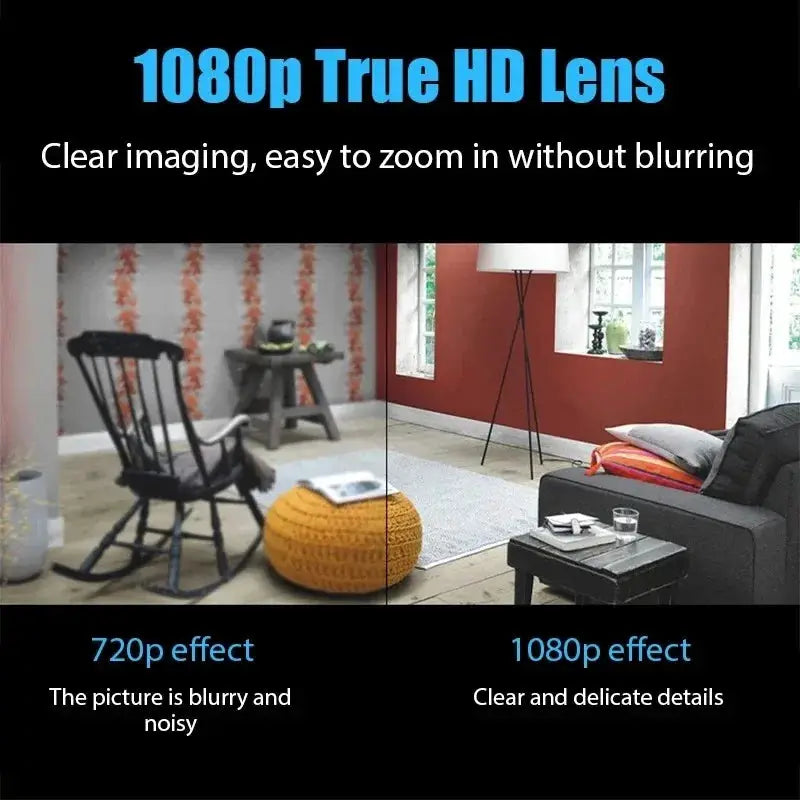 1080P HD Mini Camera WiFi; split-screen living room view showing 720p vs 1080p clarity