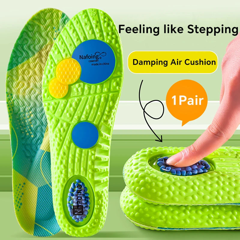 Orthopedic sport insoles, soft breathable neon-green with blue nodules and air cushion, 1 pair