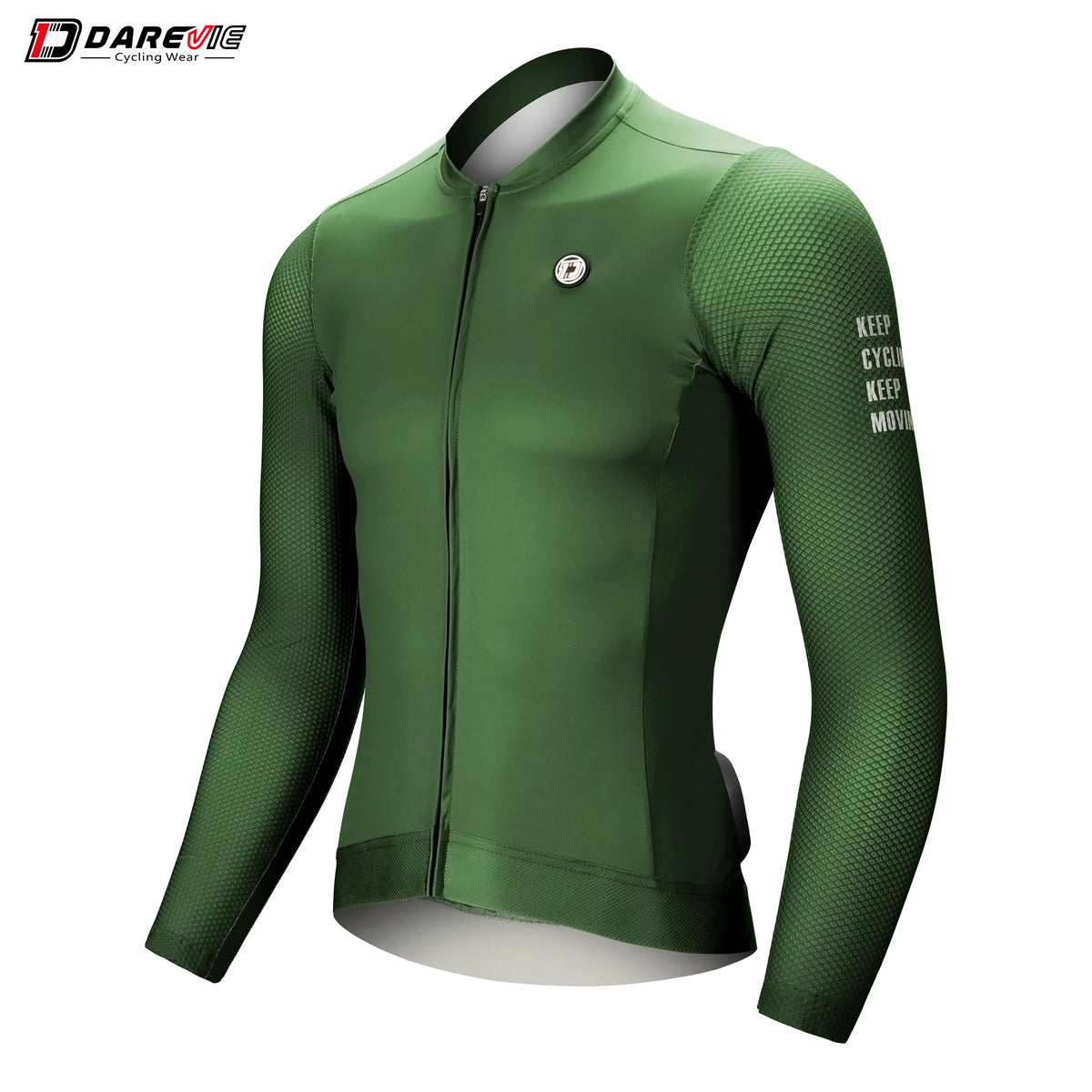 DAREVIE long-sleeve cycling jersey, green with textured mesh sleeves and front zip, logo visible.