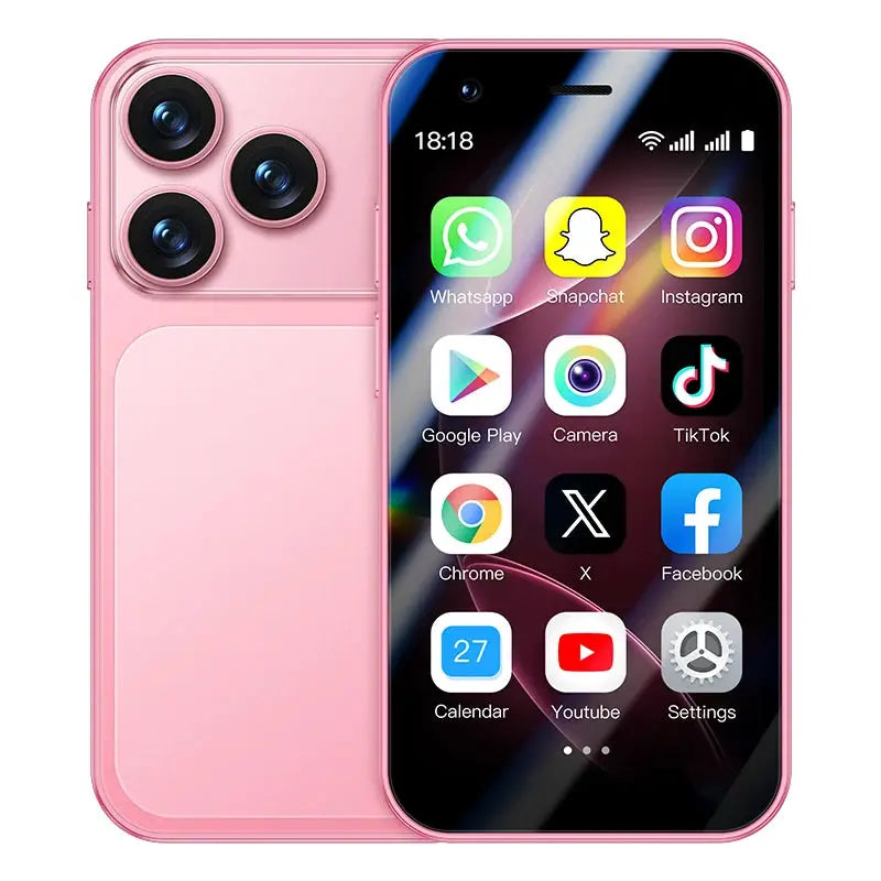 ONEMYTH A17 mini Android smartphone, pink, 3.0-inch display, 2GB RAM, 16GB ROM, dual SIM, Google Play Store.