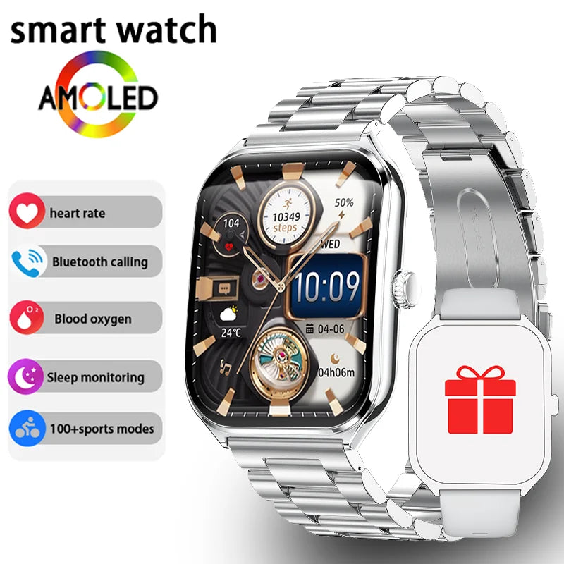 Ultra Thin AMOLED Smartwatch with silver stainless-steel band; gift box included (2 items)
