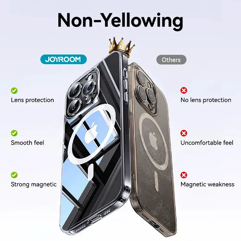 Joyroom clear magnetic case for iPhone 16/15 Pro Max; anti-yellowing, wireless charging compatible, shown on 2 devices