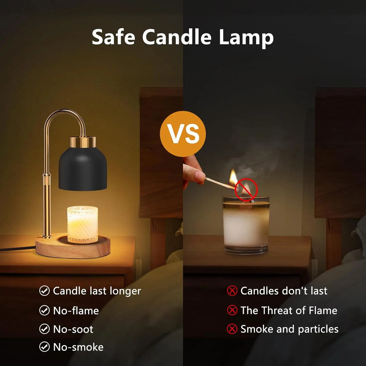 Candle Warmer Lamp with Timer; gold arc lamp with black shade warming a candle on a wooden base