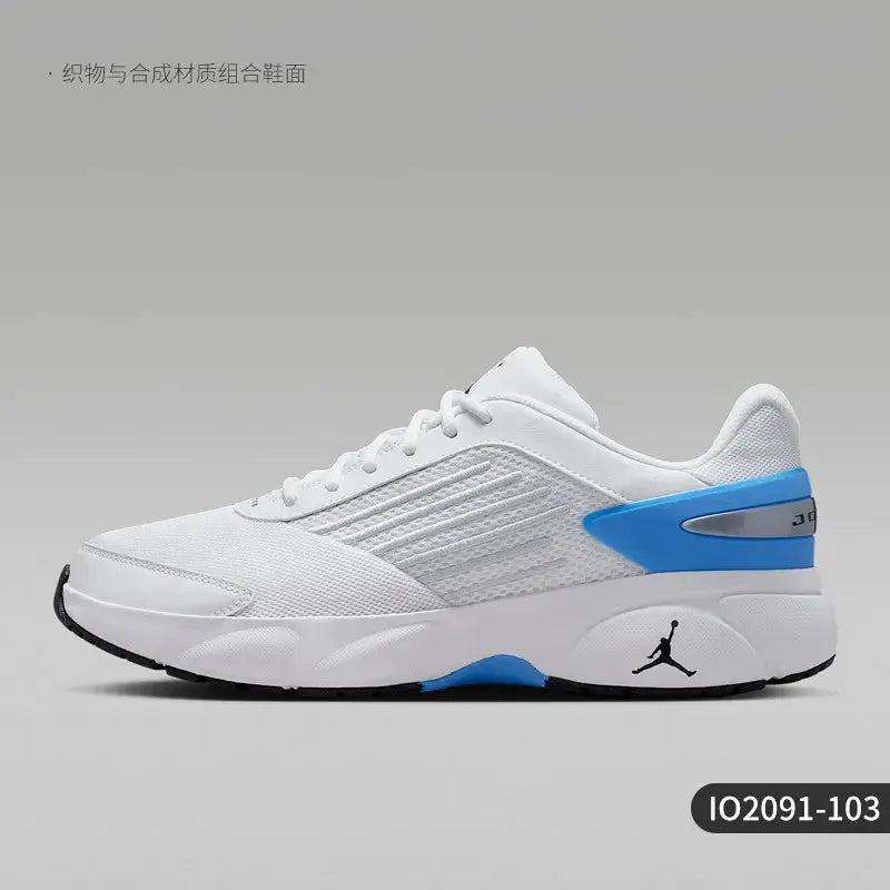 Jordan men's low-top sneakers, white mesh upper with blue heel, Jumpman logo