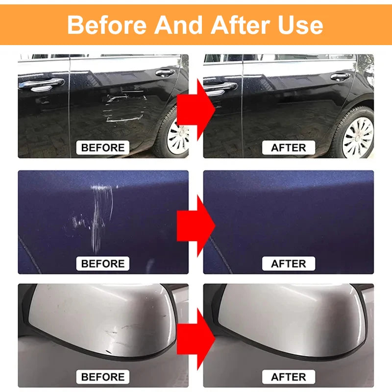 Car scratch remover polish by PrimeCanada.Store; three before/after comparisons on blue and silver car panels.