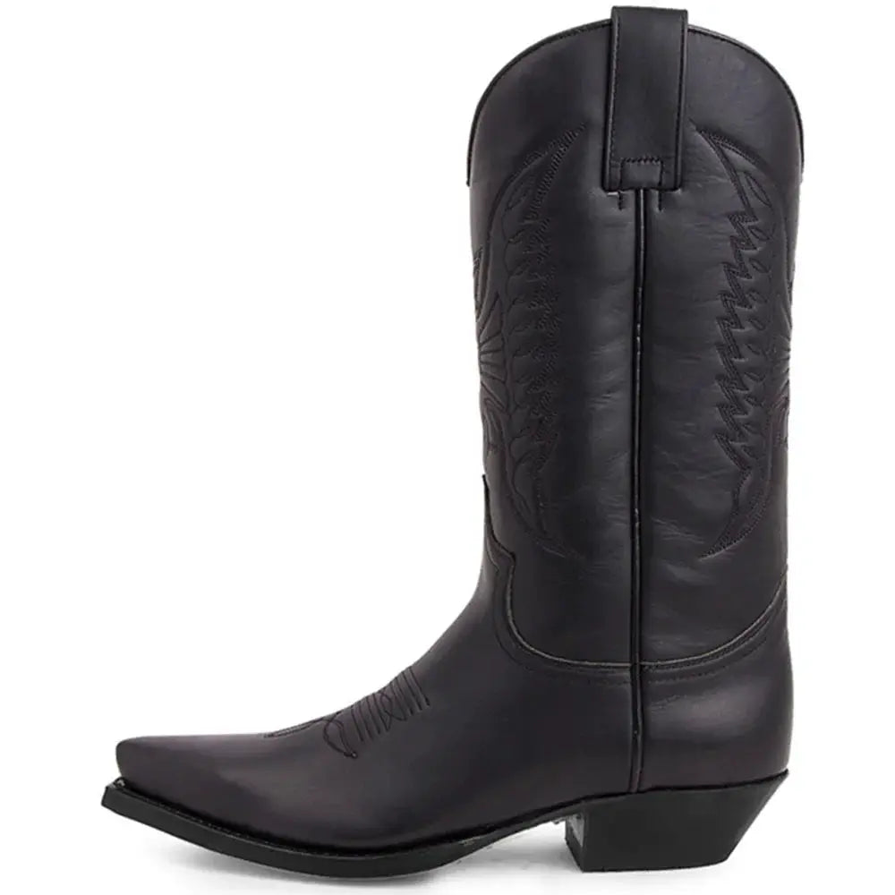Men's Western cowboy boots in black leather with pointed toe and embroidered shaft